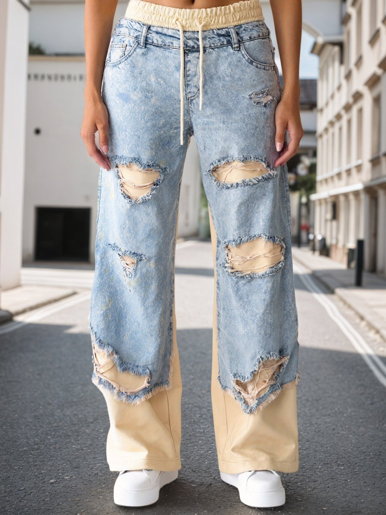 Women’s Street Style Ripped Jeans – Loose Stitching Beggar Denim