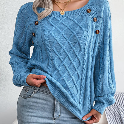 Women’s Textured Lantern Sleeve Sweater – Button Detail Knit Top