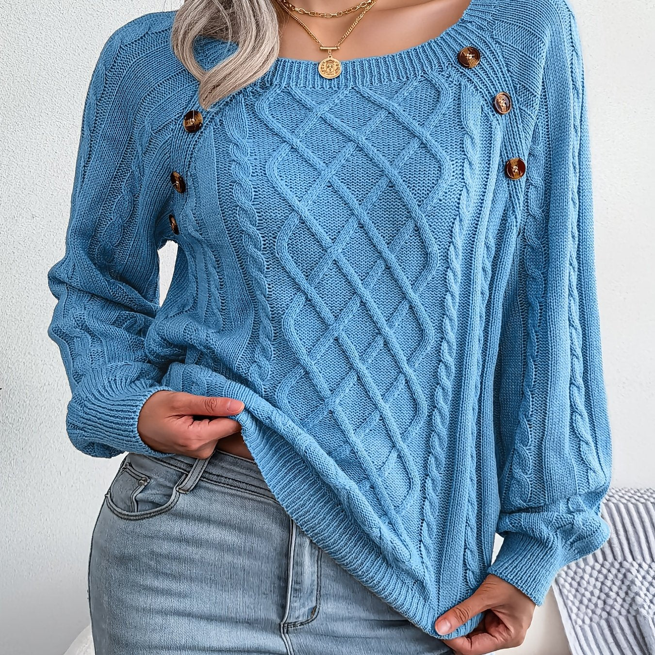 Women’s Textured Lantern Sleeve Sweater – Button Detail Knit Top
