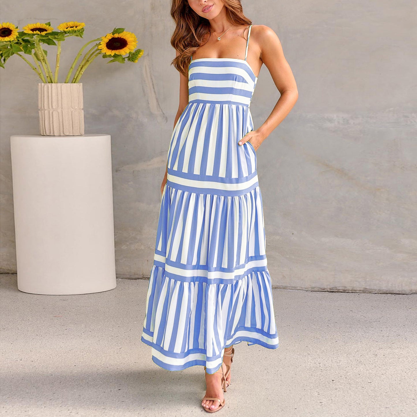 Loom & Soul™ Striped Maxi Sundress – Women’s Backless Square Neck Beach Vacation Dress with Pockets