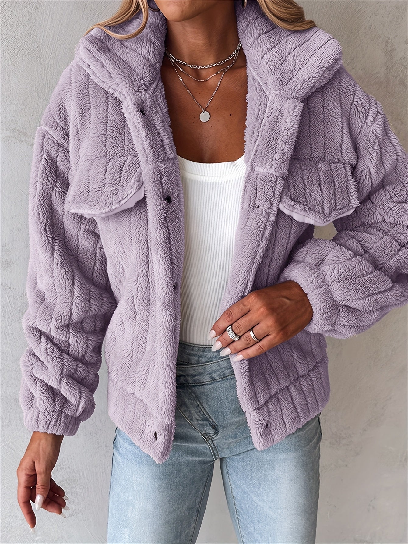 Women’s Soft Pink Plush Jacket – Button-Up Lapel Winter Cozy Outerwear
