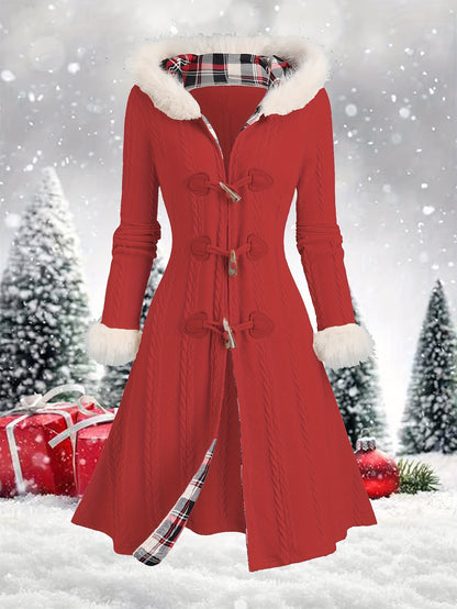 Women’s Y2K Plaid Hooded Coat – Red & White Patchwork Long Winter Jacket