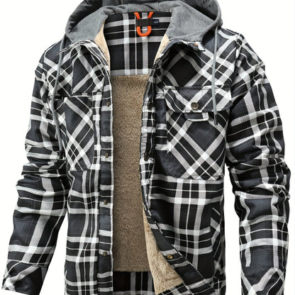 Men’s Plaid Flannel Hooded Jacket – Asymmetrical Button Tartan Coat