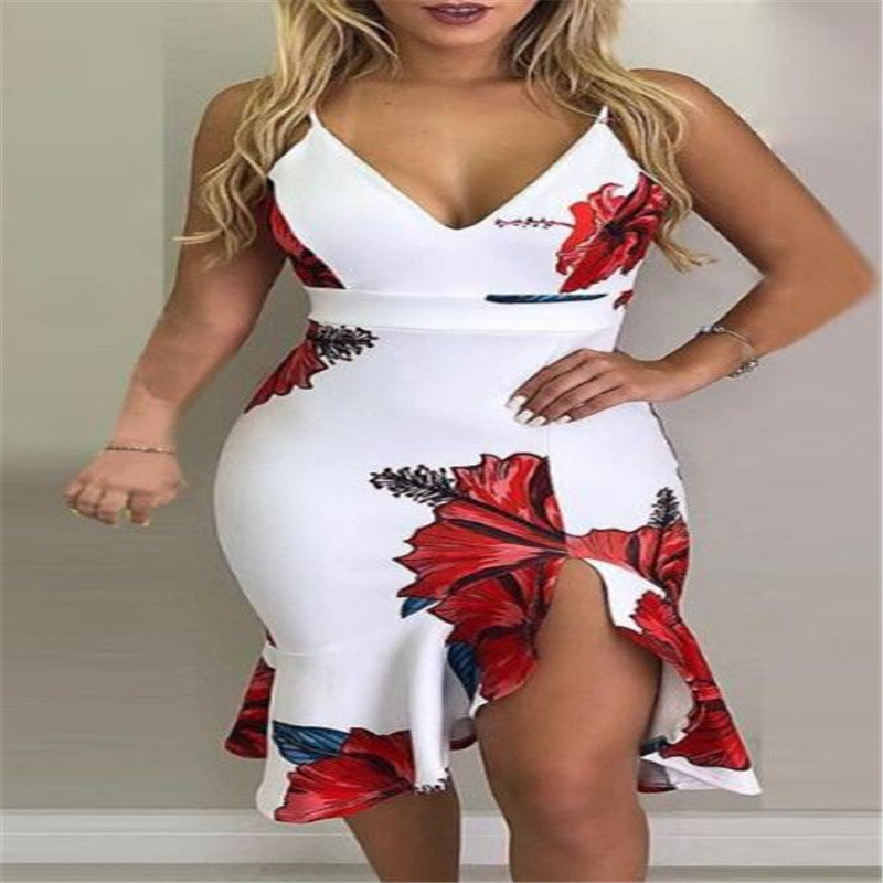 Vestido Midi Irregular Halter - Vestido de Fiesta de Verano Estampado con Tirantes