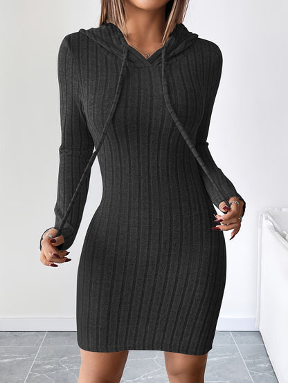 Women’s Ribbed Hooded Bodycon Dress – Drawstring Long Sleeve Pencil Fit