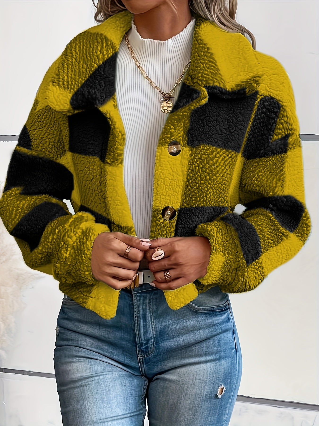 Women’s Plaid Teddy Coat – Warm Button-Up Long Sleeve Winter Outerwear