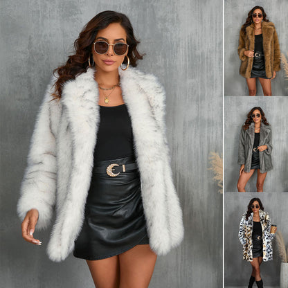 Abrigo de invierno mullido de piel sintética para mujer – Chaqueta holgada con solapa