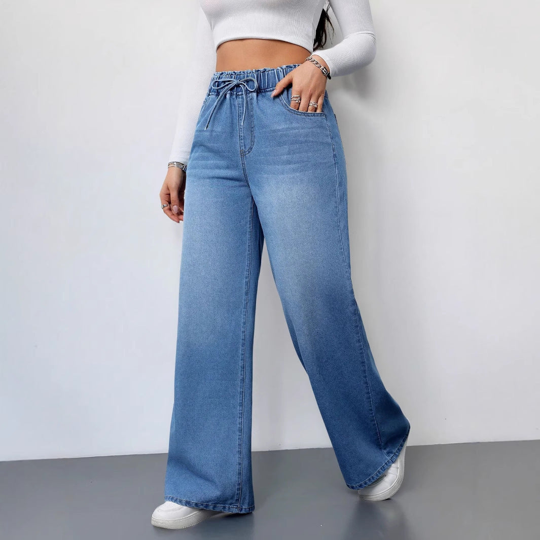 Women’s High-Waist Wide-Leg Jeans – 2025 Stretch Drawstring Denim