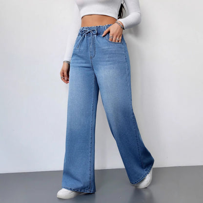Women’s High-Waist Wide-Leg Jeans – 2025 Stretch Drawstring Denim