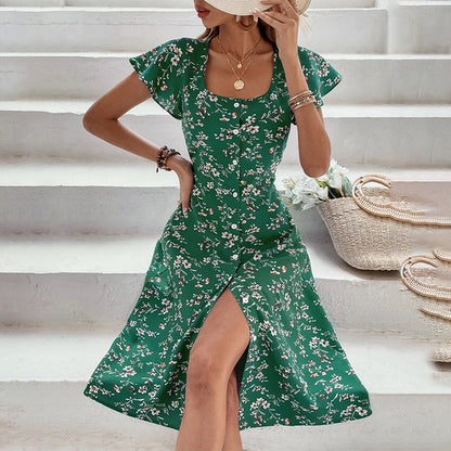 Boho Floral Button-Up Maxi Dress – Split Summer Beach Dress