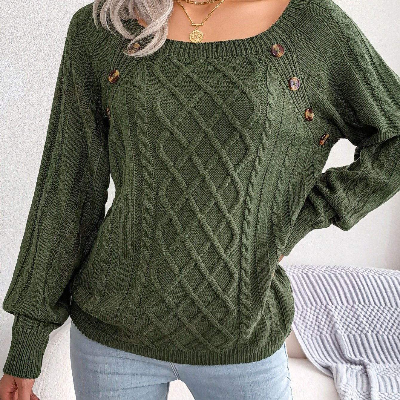 Women’s Textured Lantern Sleeve Sweater – Button Detail Knit Top