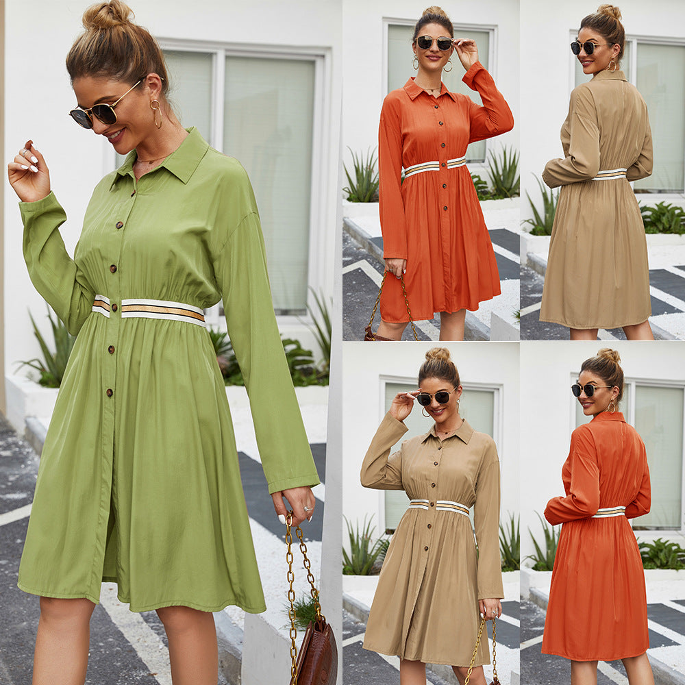 Vestido Midi Informal con Cuello Polo – Vestido Elegante de Manga Larga con Corte A
