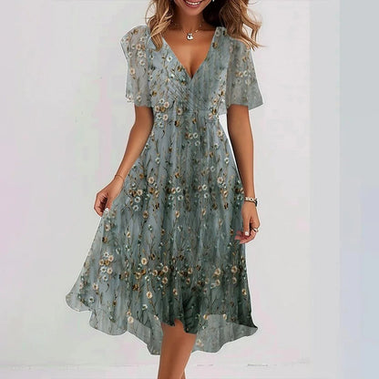 Loom & Soul™ Chiffon Floral Dress – Women’s Elegant V-Neck Short Sleeve Summer Midi Dress
