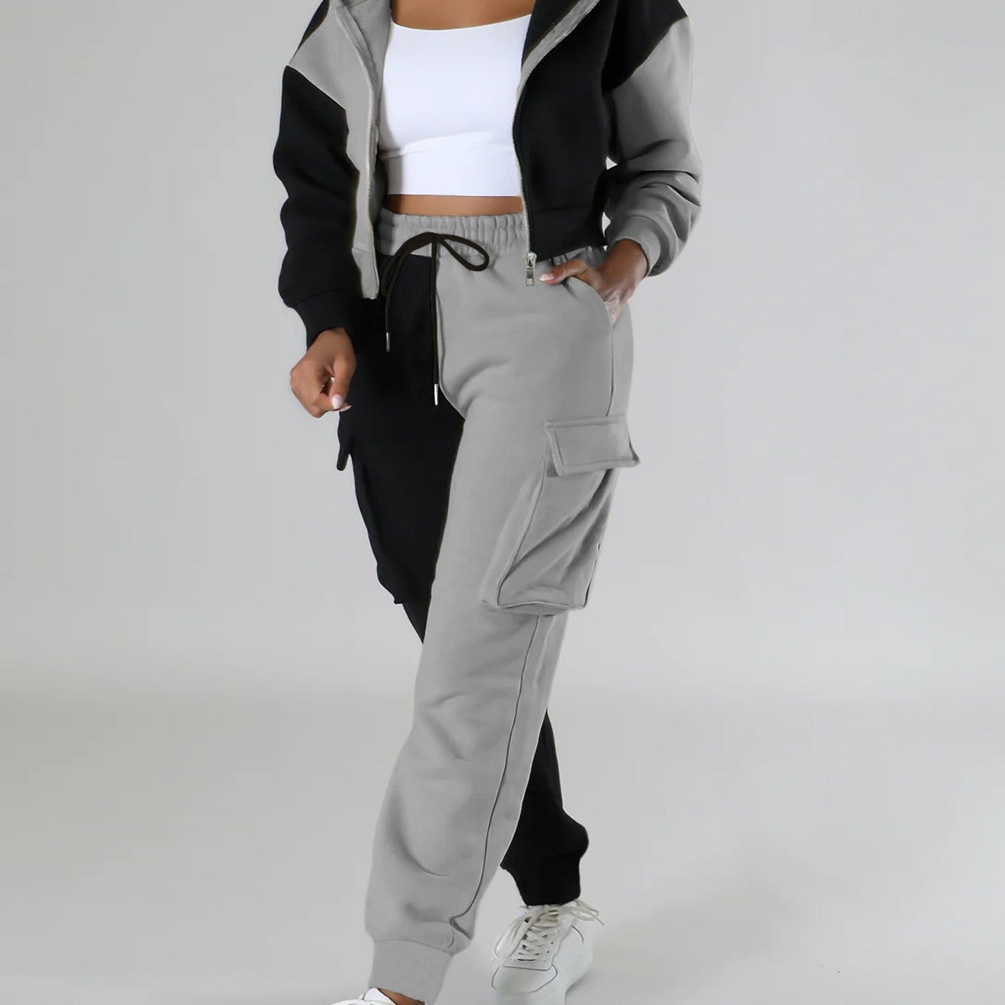 Colorblock Hooded Jacket & Cargo Pants Set – Women’s Zip-Up Two-Piece
