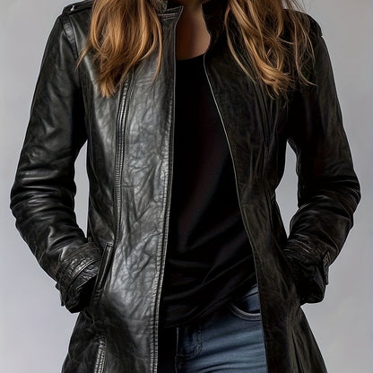 Women’s PU Motorcycle Jacket – Vintage Stand Collar Retro Zip Coat