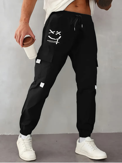 Men’s Joyful Face Work Overalls – Loose Multi-Pocket Cargo Pants