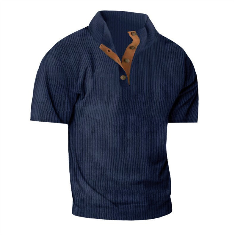 Men’s Corduroy Stand Collar Tee – Textured Casual Short Sleeve