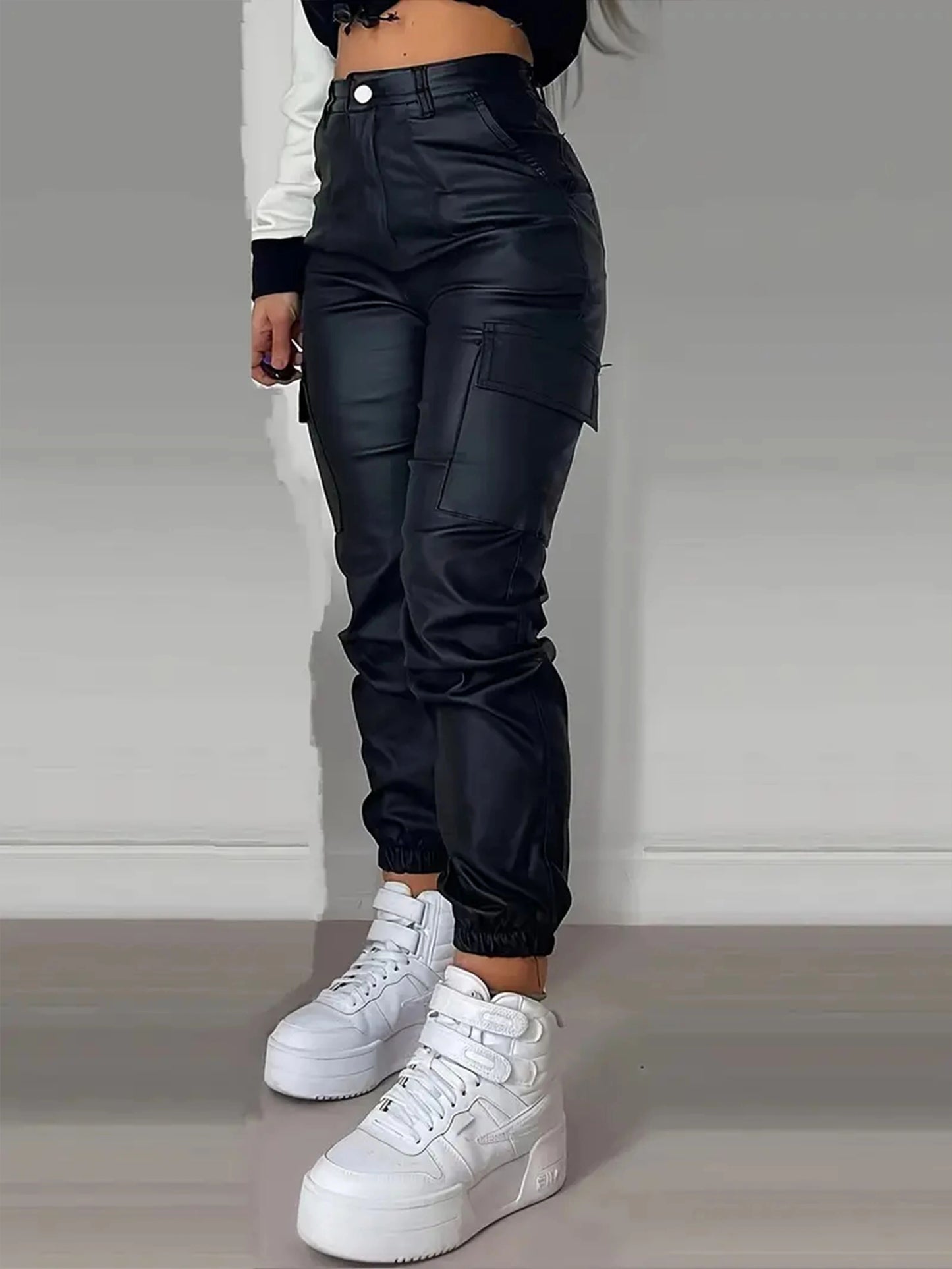 Women’s High-Rise Stretch Cargo Jeans – Black Glossy Denim Pants
