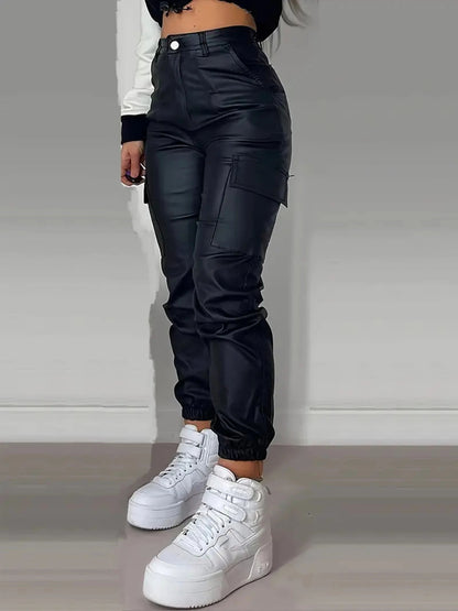 Women’s High-Rise Stretch Cargo Jeans – Black Glossy Denim Pants