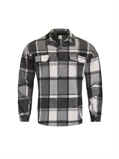 Men’s Vintage Plaid Shirt – Black & White Check Loose Button-Up Top