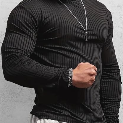 T-shirt côtelé ajusté à manches longues pour homme – Col montant athlétique