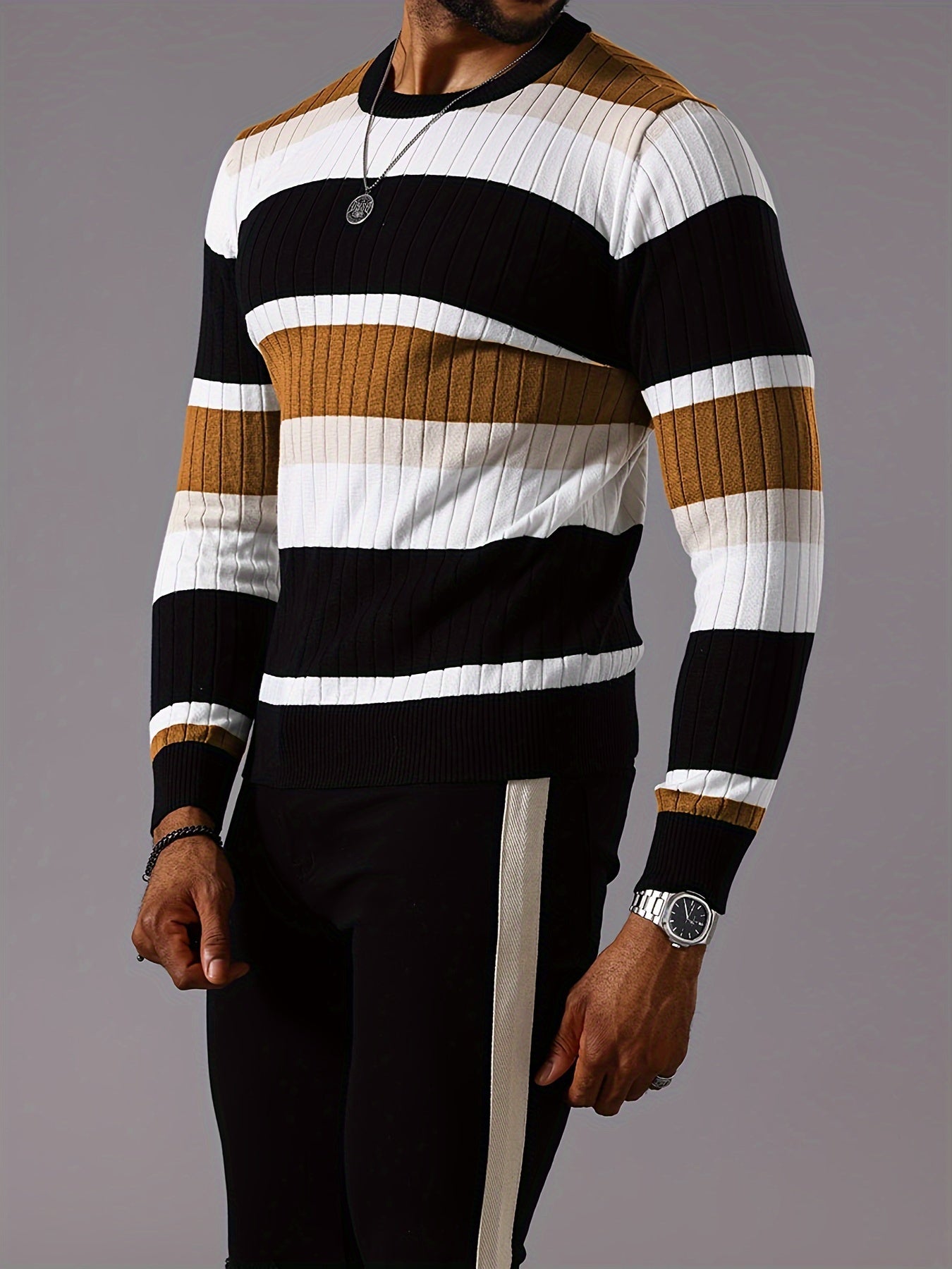 Men’s Striped Ribbed Knit Sweater – Color-Block Fall Winter Pullover