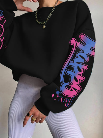 Women’s Graffiti Letter Sweatshirt – Black Artistic Fall/Winter Pullover