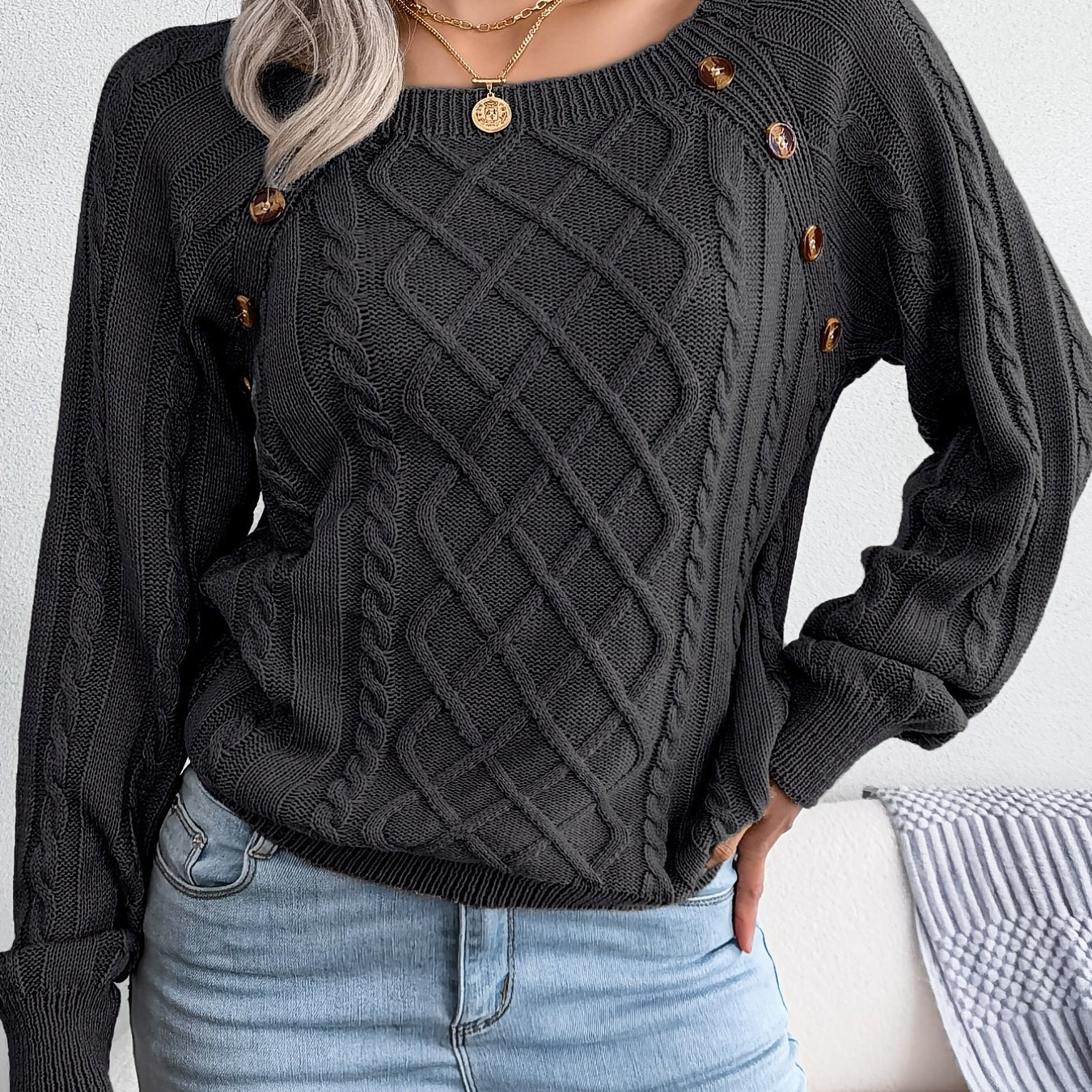 Women’s Textured Lantern Sleeve Sweater – Button Detail Knit Top