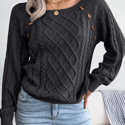 Women’s Textured Lantern Sleeve Sweater – Button Detail Knit Top