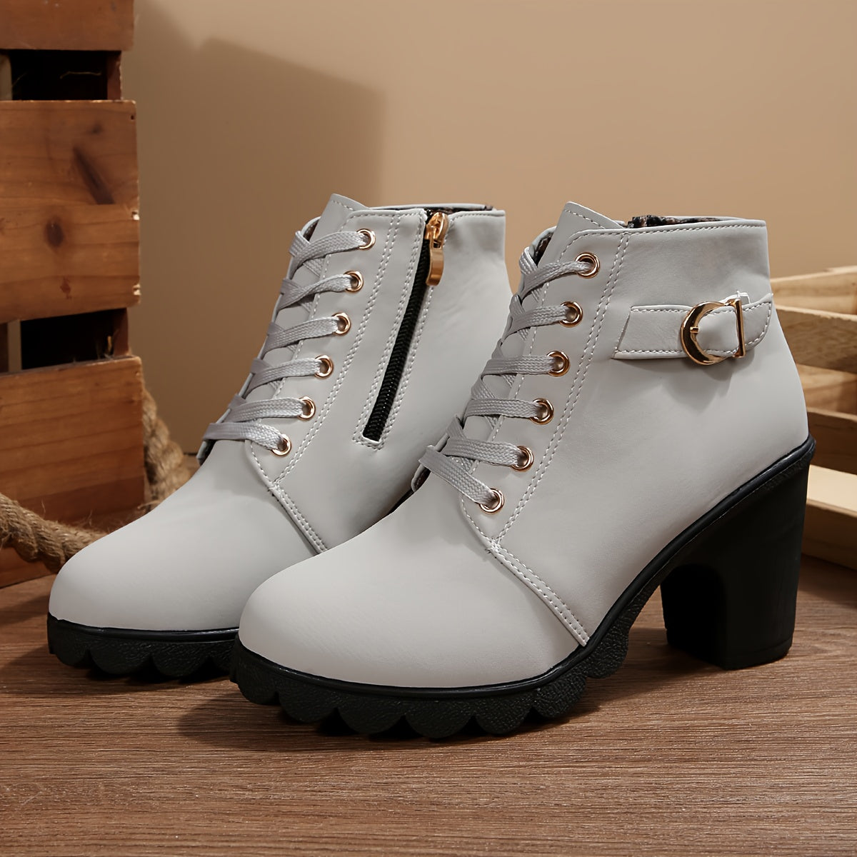 Botines de tacón alto para mujer - Tacón de bloque, elegantes, sin cordones