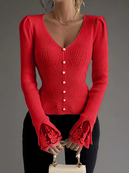 Women’s Elegant Pink V-Neck Pullover – Ribbed Long Sleeve Knit Top