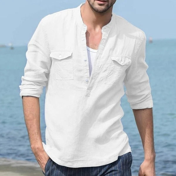 Camisa de Lino y Algodón de Manga Larga para Hombre – Camisa Informal Transpirable con Botones