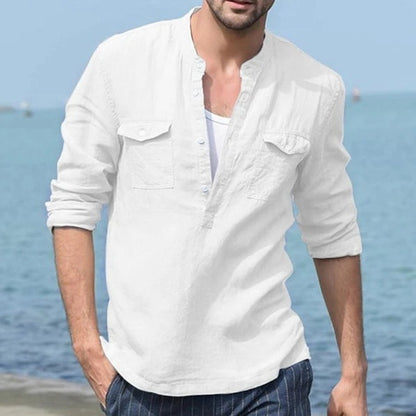 Camisa de Lino y Algodón de Manga Larga para Hombre – Camisa Informal Transpirable con Botones