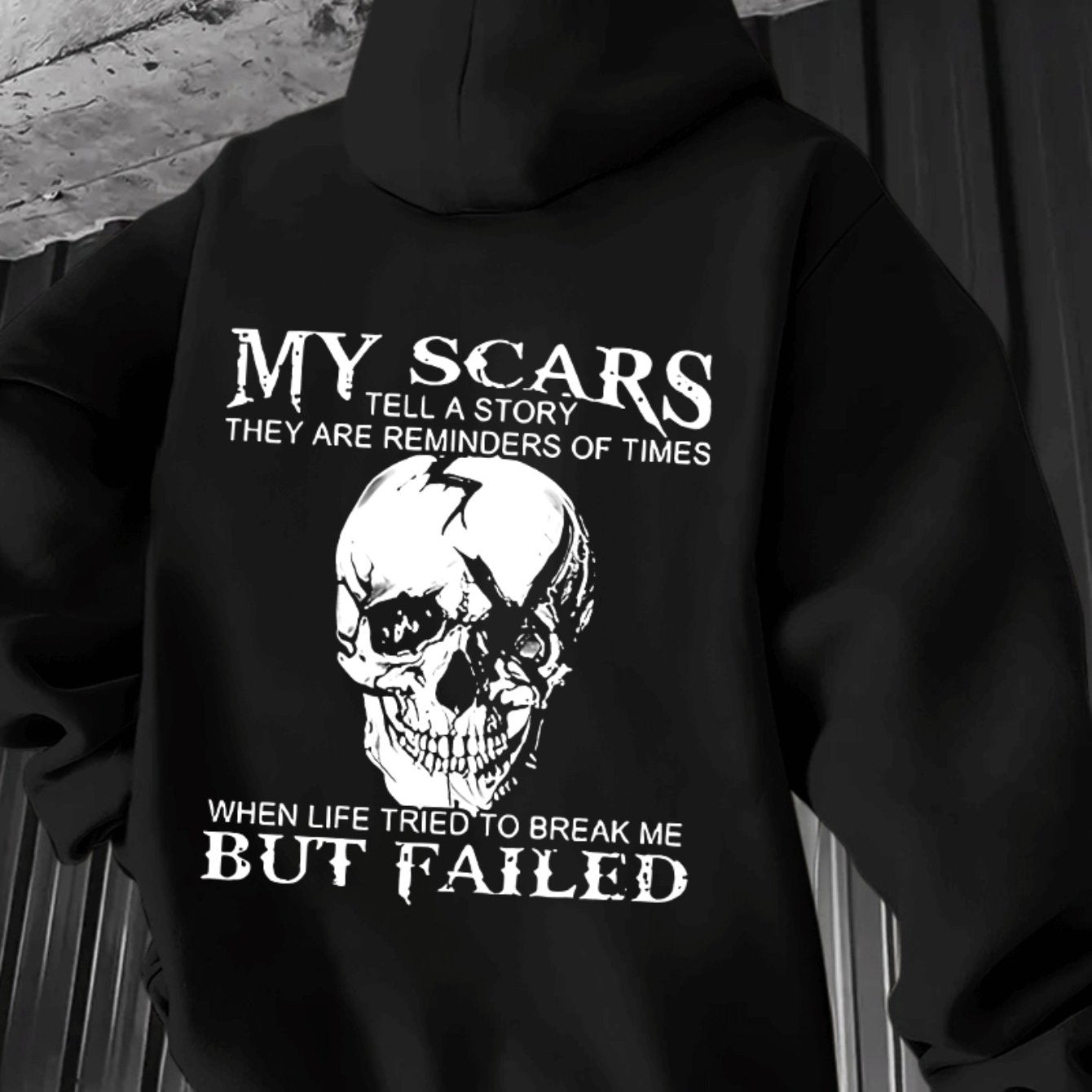 Men’s “My Scars Tell a Story” Hoodie – Skull Back Print Motivational Pullover