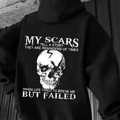 Men’s “My Scars Tell a Story” Hoodie – Skull Back Print Motivational Pullover