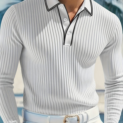 Men’s Stripe Polo Shirt – Relaxed Fit Long Sleeve Casual Top