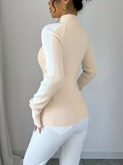 Suéter de cuello alto color block para mujer - Blusa elegante de punto suave