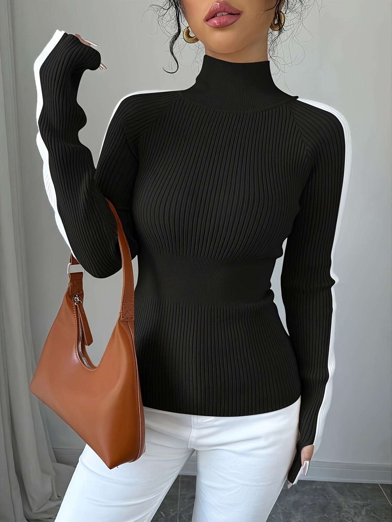 Suéter de cuello alto color block para mujer - Blusa elegante de punto suave