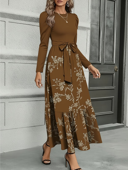 Robe longue portefeuille bleu marine à imprimé floral – Robe trapèze élégante de style rétro