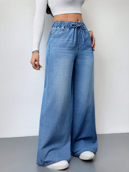 Women’s High-Waist Wide-Leg Jeans – 2025 Stretch Drawstring Denim