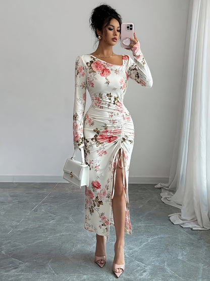 Asymmetrical Floral Bodycon Dress – Long Sleeve Ruffle Slit Dress