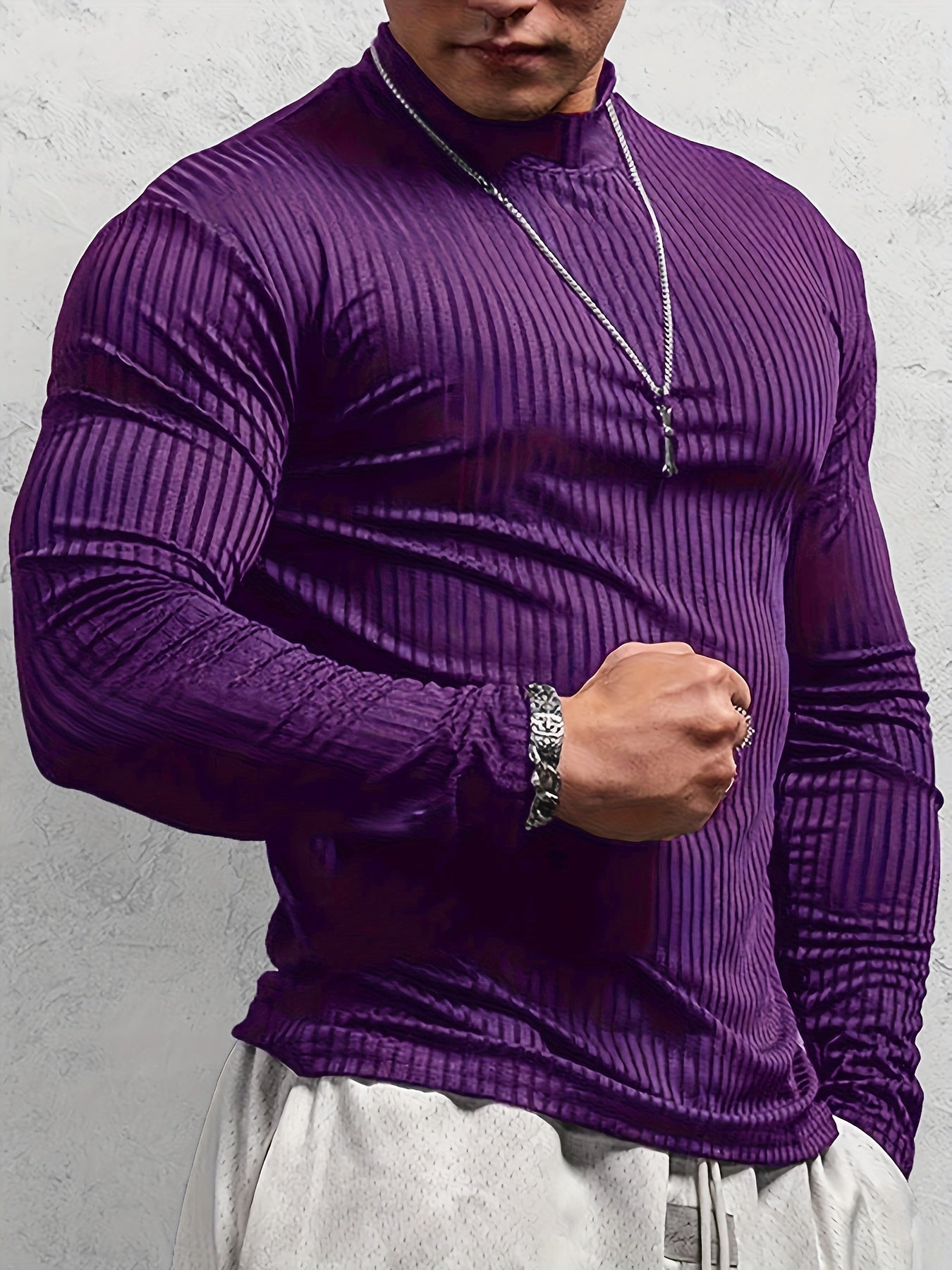 T-shirt côtelé ajusté à manches longues pour homme – Col montant athlétique