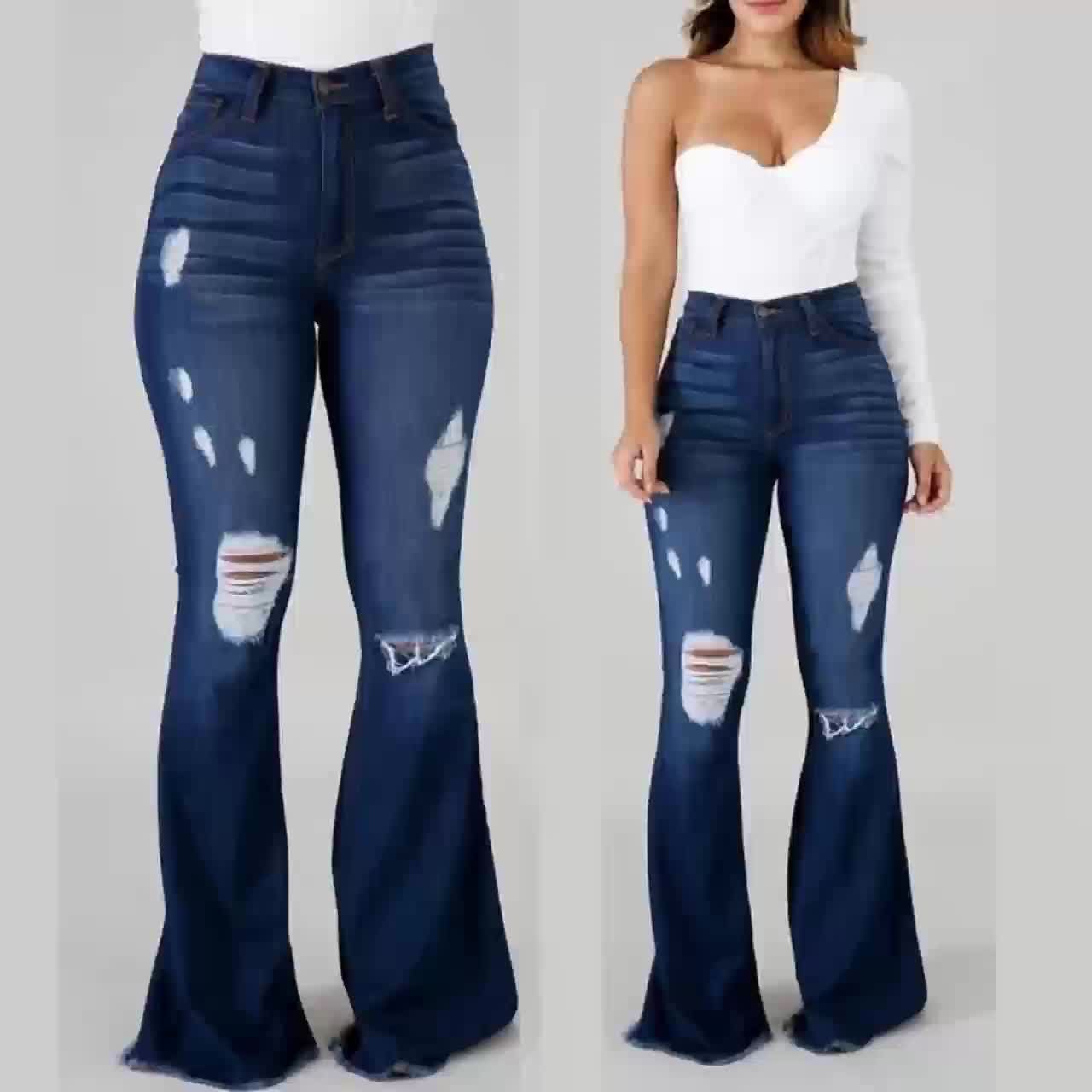 Jean évasé taille haute – Jean denim moulant déchiré extensible