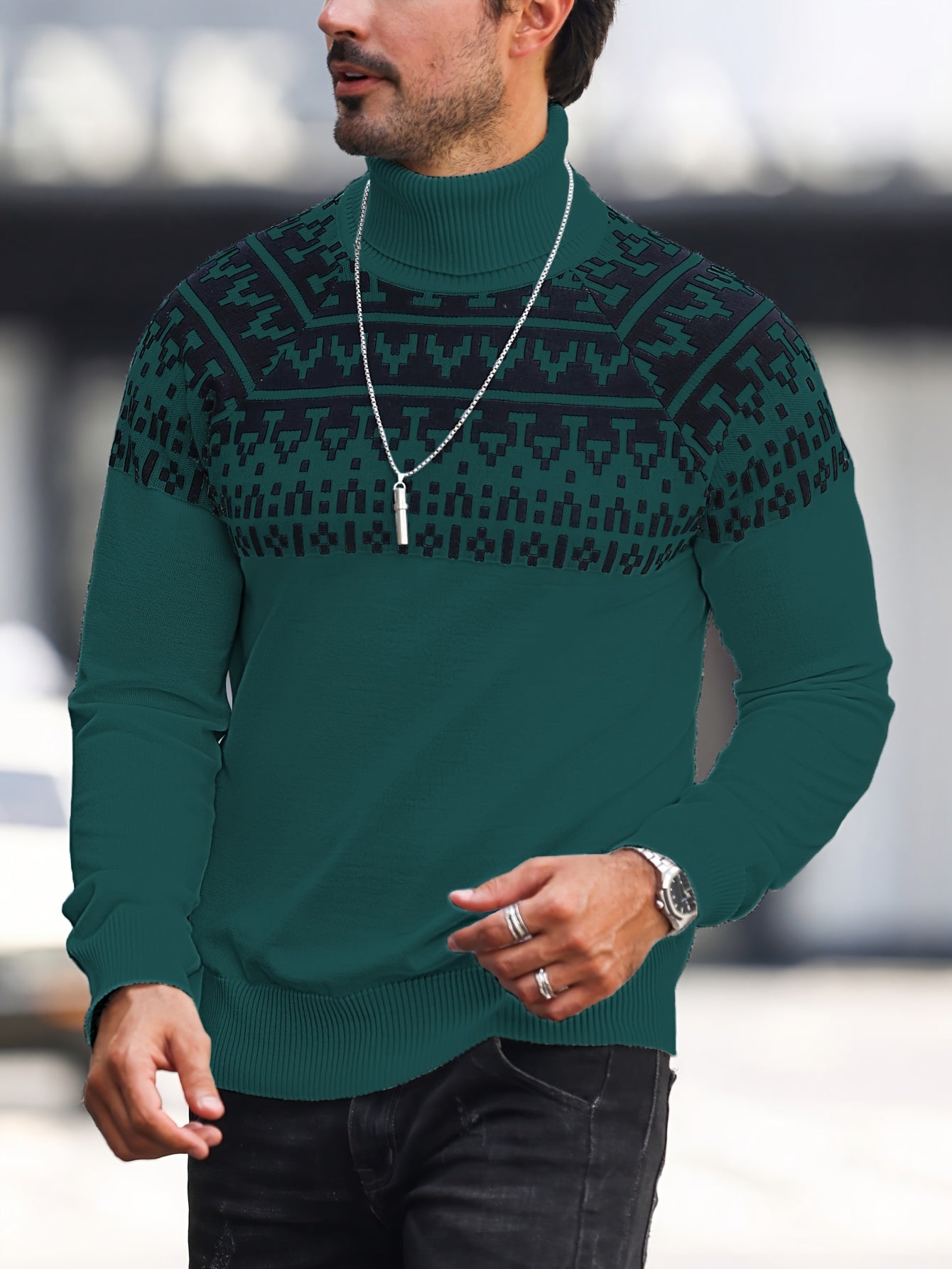 Suéter de cuello alto geométrico para hombre - Suéter informal de punto para otoño e invierno