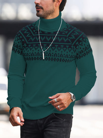 Suéter de cuello alto geométrico para hombre - Suéter informal de punto para otoño e invierno