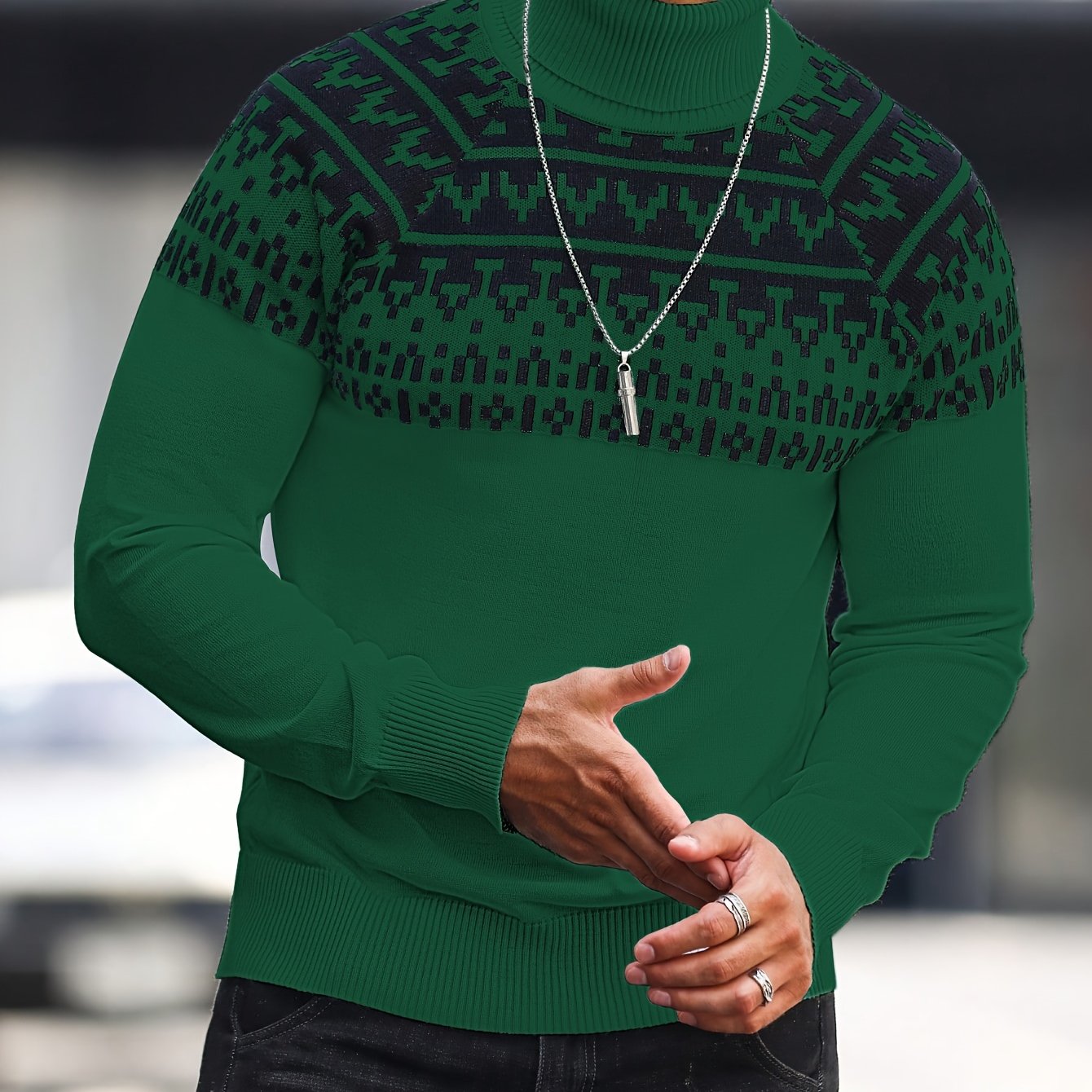 Suéter de cuello alto geométrico para hombre - Suéter informal de punto para otoño e invierno