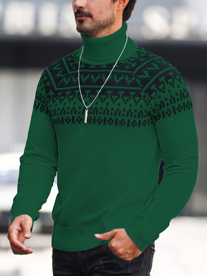 Suéter de cuello alto geométrico para hombre - Suéter informal de punto para otoño e invierno