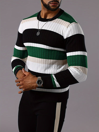 Men’s Striped Ribbed Knit Sweater – Color-Block Fall Winter Pullover