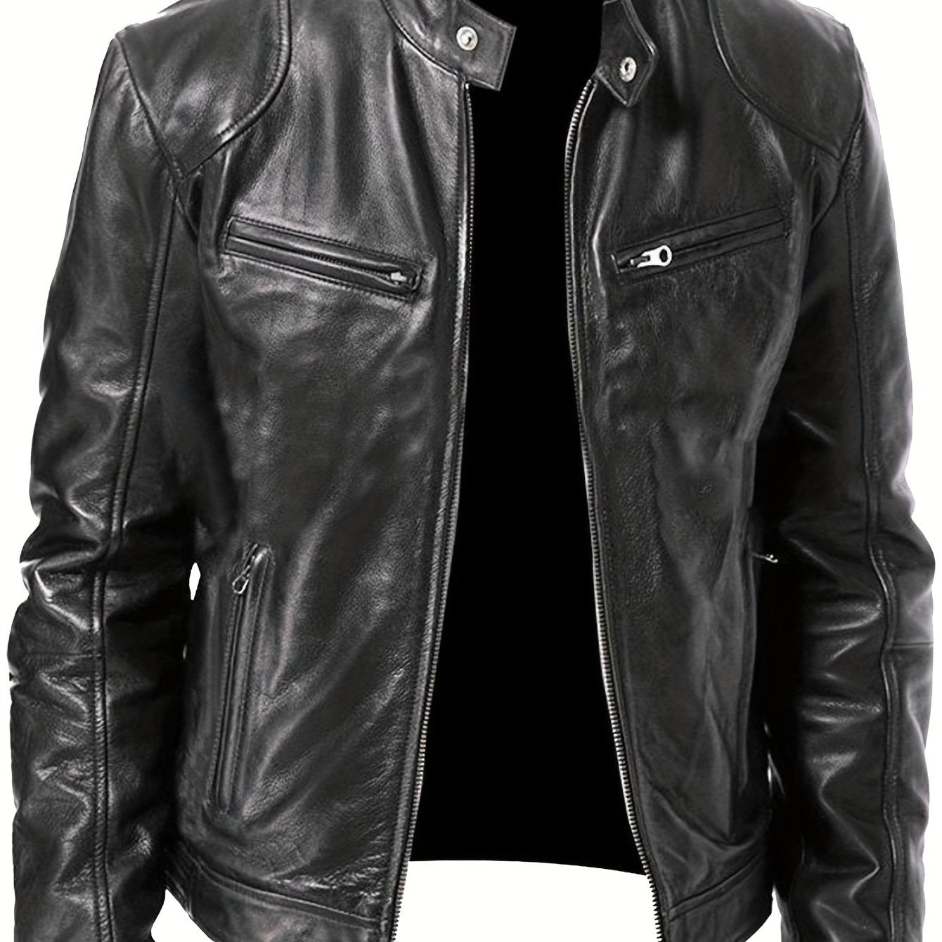 Men’s Full-Zip Motorcycle Jacket – Brown PU Leather Stand Collar Coat
