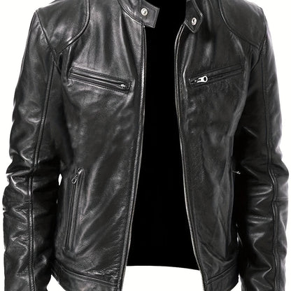 Men’s Full-Zip Motorcycle Jacket – Brown PU Leather Stand Collar Coat